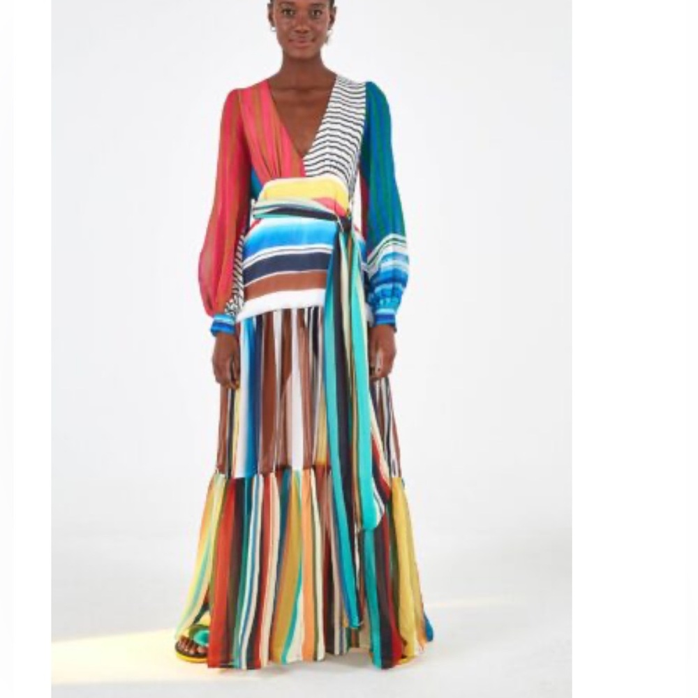 FARM Rio Multicolor Striped Wrap Maxi Dress - Red, Blue, Yellow, Green, Brown